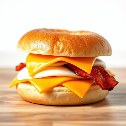 A delicious-looking breakfast sandwich with egg, cheese, and bacon on a toasted bagel.