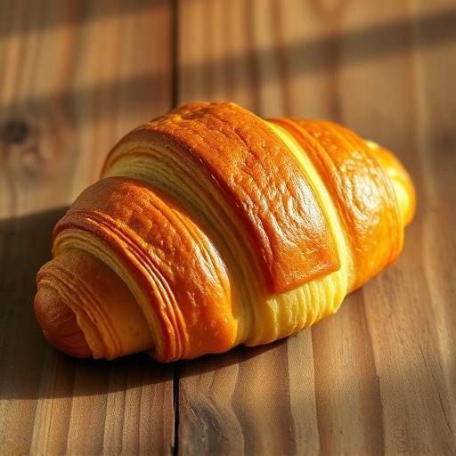 A golden-brown, flaky croissant on a wooden board.