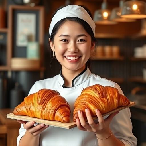 A smiling picture of Olivia Lee, the pastry chef, holding a tray of freshly baked croissants.