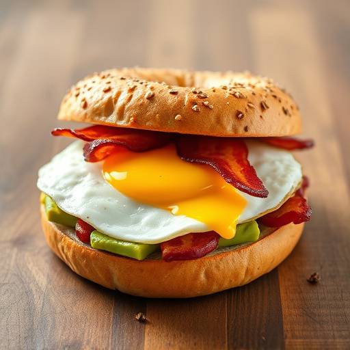 A toasted bagel with egg, cheese, bacon, and avocado.