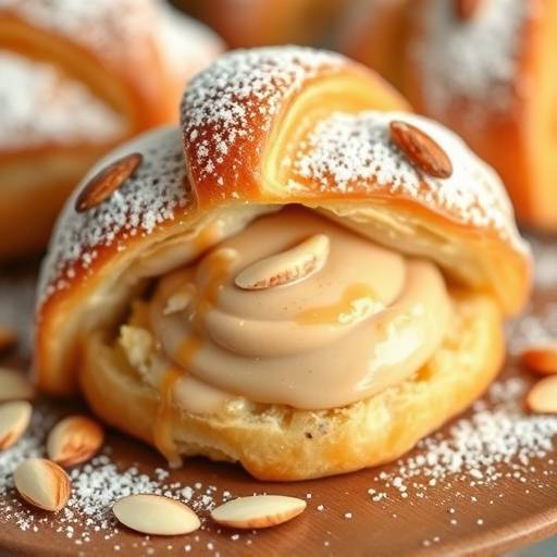 An almond croissant filled with almond paste and topped with sliced almonds and powdered sugar.