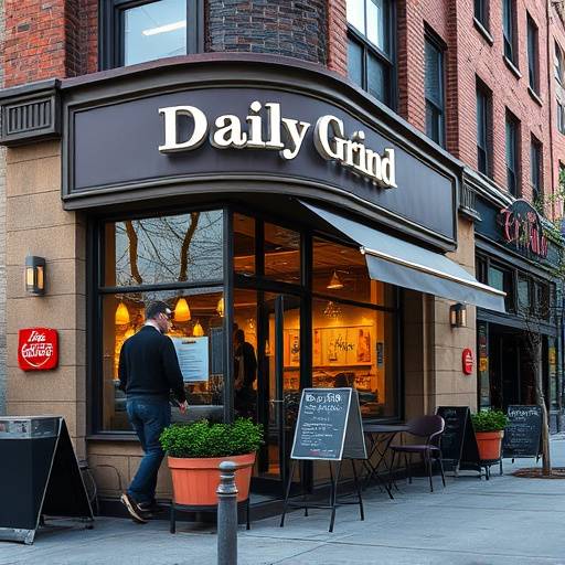 The exterior of The Daily Grind cafe in Belltown, Seattle, showing its street presence and outdoor seating.