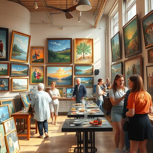 Various paintings displayed on the walls of The Daily Grind, with people admiring the artwork and sipping coffee.